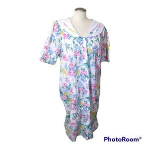 Vintage Day Dress House Floral Cotton Button Front XL White Multicolor Pocket